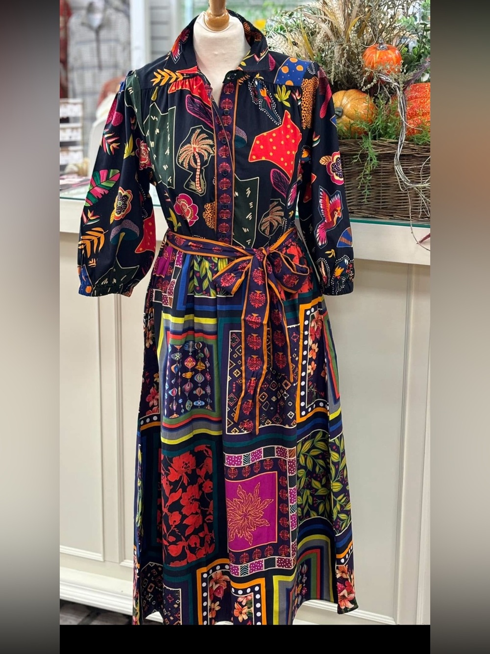 Madeleine Thompson Black Multi-Color Printed Tie-Waist Dress